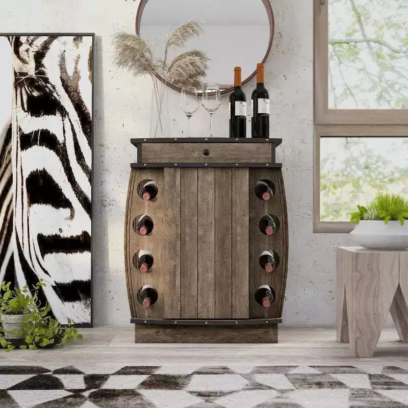 Mini Bar con Scaffale per 8 Bottiglie di Vino in Rovere di Recupero: Ripiano Regolabile, Mobile Contenitore in MDF
