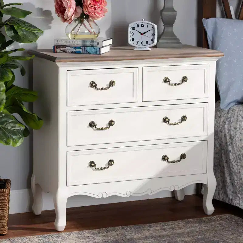 Amalie 4 Drawer Accent Dresser White/Oak - Baxton Studio: French Provincial Style, Brass Handles, Fully Assembled
