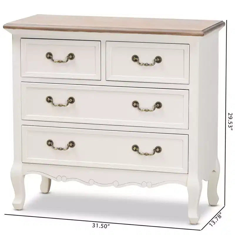 Cassettiera a 4 cassetti Bianco/Rovere - : Stile provenzale, Maniglie in ottone, Completamente assemblata
