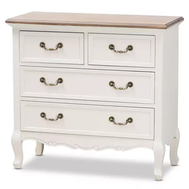 Cassettiera a 4 cassetti Bianco/Rovere - : Stile provenzale, Maniglie in ottone, Completamente assemblata