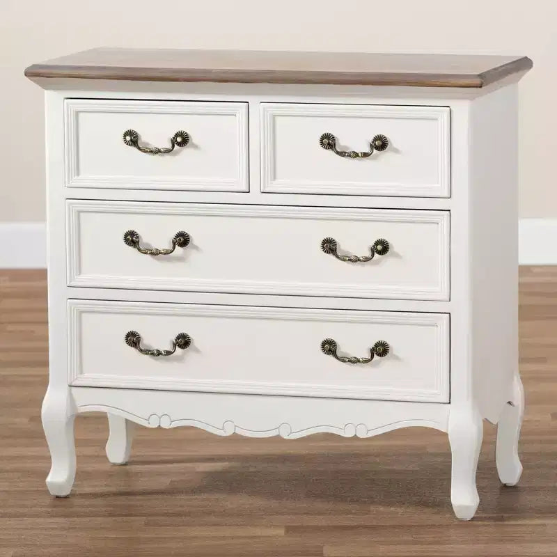 Cassettiera a 4 cassetti Bianco/Rovere - : Stile provenzale, Maniglie in ottone, Completamente assemblata