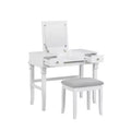 Tavolo da Trucco Tradizionale con Specchio, Top Sollevabile, 2 Cassetti e Sgabello Imbottito Bianco in Legno
