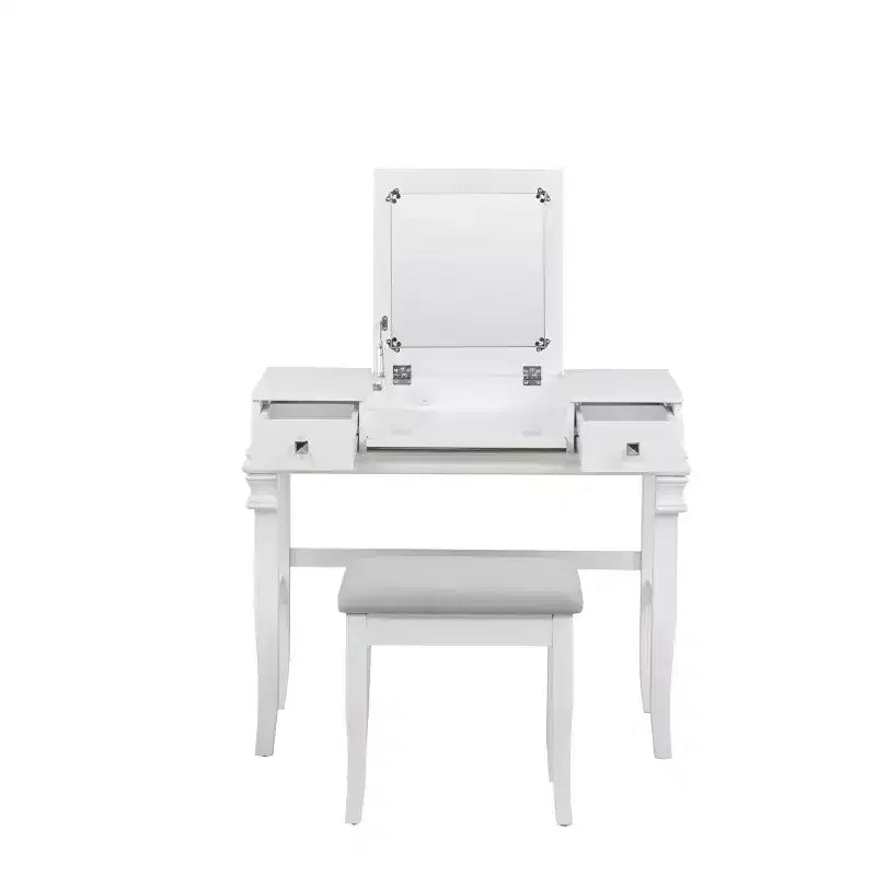 Tavolo da Trucco Tradizionale con Specchio, Top Sollevabile, 2 Cassetti e Sgabello Imbottito Bianco in Legno
