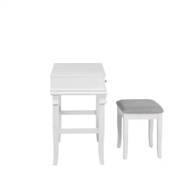 Tavolo da Trucco Tradizionale con Specchio, Top Sollevabile, 2 Cassetti e Sgabello Imbottito Bianco in Legno