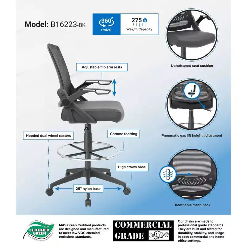 Sgabello da disegno con braccioli ribaltabili in rete nera - Boss Office Products