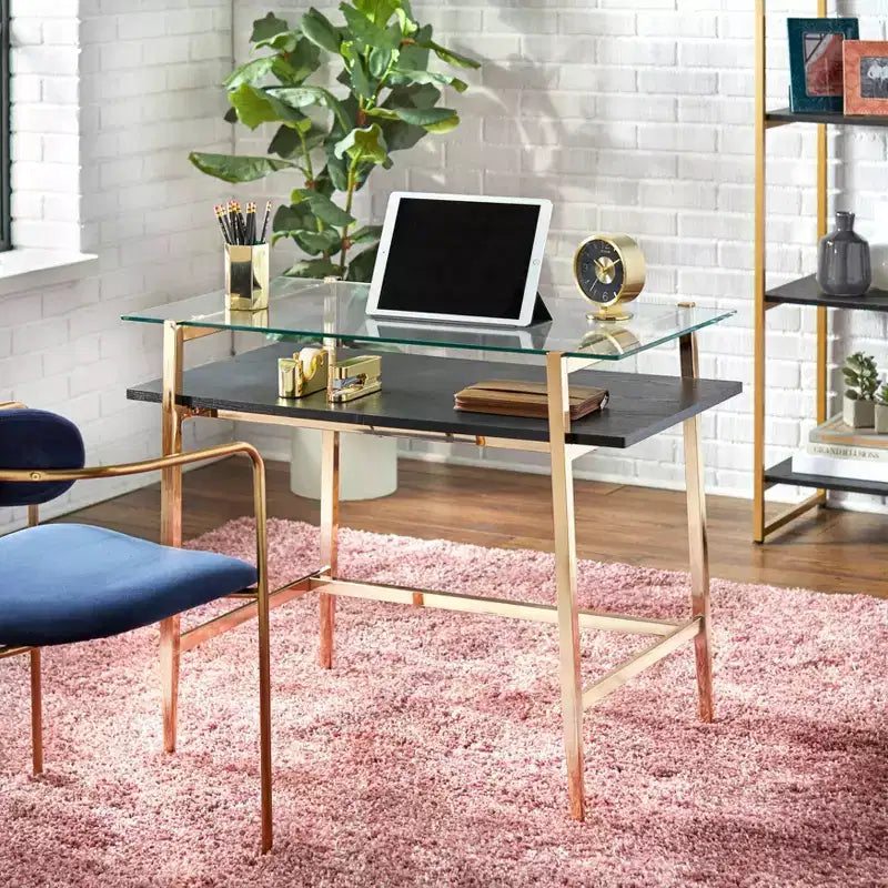Scrivania in Vetro Mid Century Oro Lucido: Eleganza Moderna, Struttura in Metallo, Ripiano Aperto