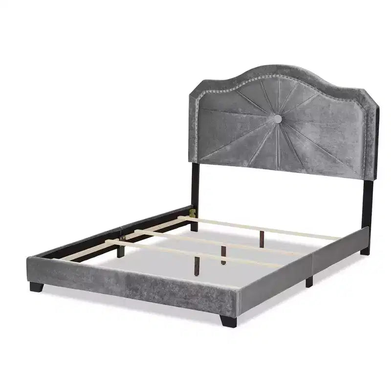 Letto imbottito in tessuto di velluto Queen Embla grigio - : design moderno capitonné, finitura lucida, imbottitura in schiuma, telaio in MDF