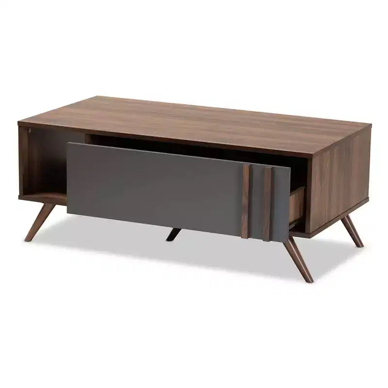 1 Tavolino da caffè Naoki in legno bicolore con 1 cassetto, grigio/noce - : Tavolino moderno rettangolare in truciolato con ripiano