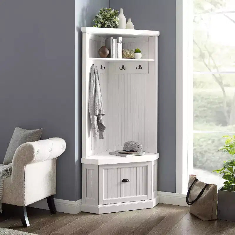 Appendiabiti da Ingresso Seaside Corner Bianco Invecchiato - : Organizer da Ingresso con Scarpiera, 4 Ganci