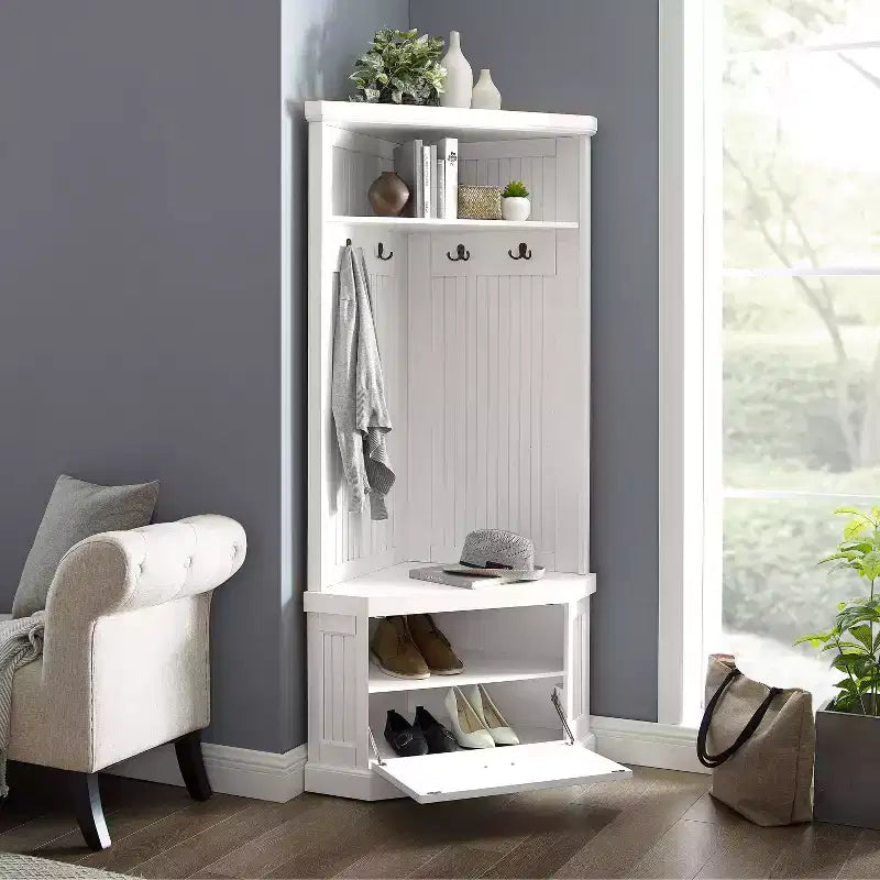 Appendiabiti da Ingresso Seaside Corner Bianco Invecchiato - : Organizer da Ingresso con Scarpiera, 4 Ganci