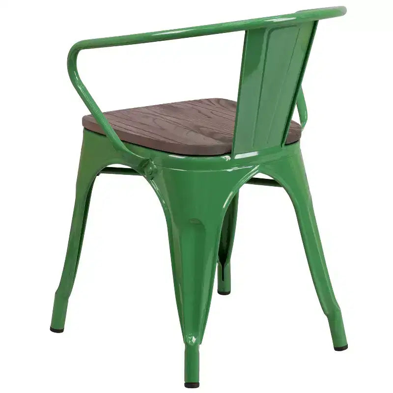 Sedia in metallo con sedile e braccioli in legno
