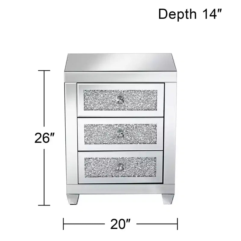 Tavolino/Comodino Rettangolare Moderno con Specchio e 3 Cassetti, 50x35 cm, Cristallo/Vetro Argento, per Soggiorno Camera da Letto Ingresso