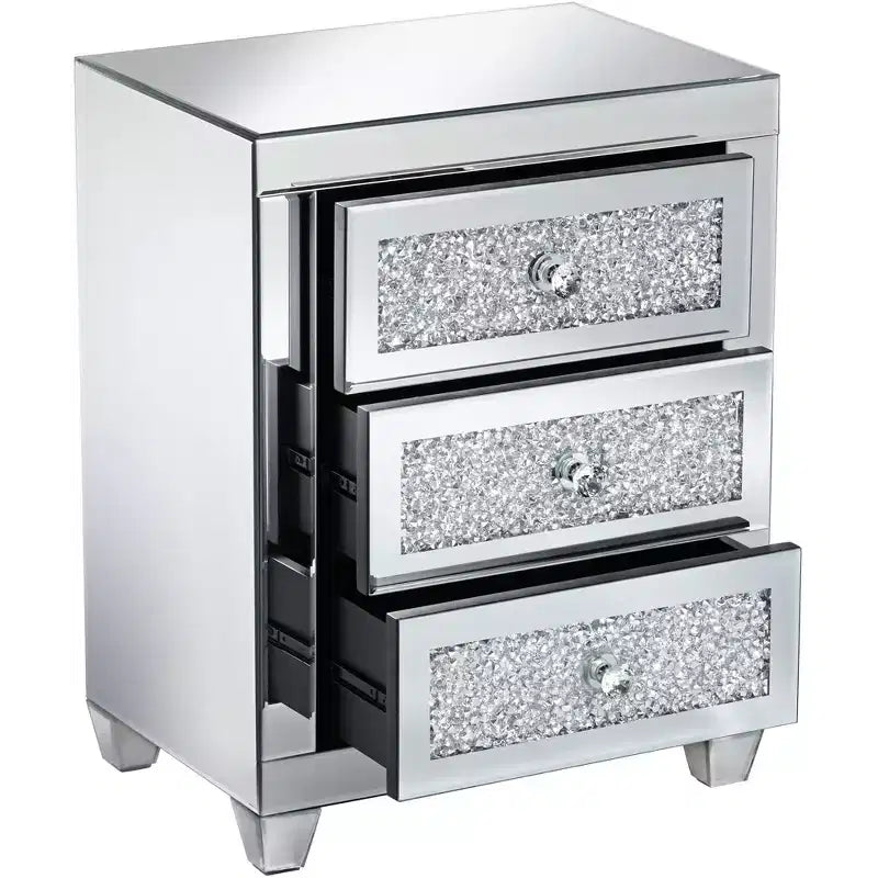 Tavolino/Comodino Rettangolare Moderno con Specchio e 3 Cassetti, 50x35 cm, Cristallo/Vetro Argento, per Soggiorno Camera da Letto Ingresso