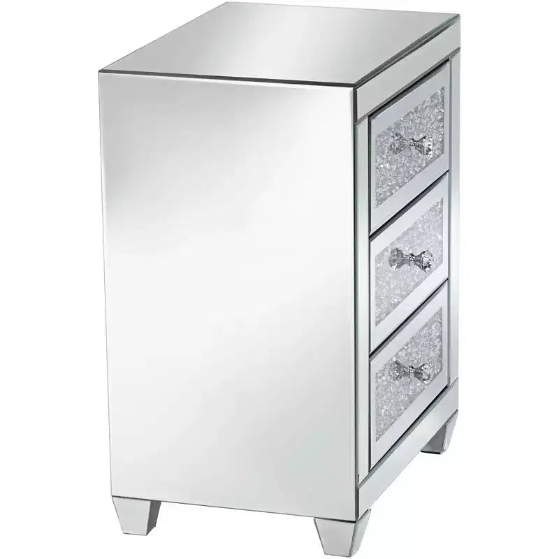 Tavolino/Comodino Rettangolare Moderno con Specchio e 3 Cassetti, 50x35 cm, Cristallo/Vetro Argento, per Soggiorno Camera da Letto Ingresso