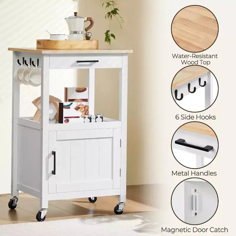 Carrello da Cucina su Ruote con Ripiano Aperto e Mobiletto Chiuso