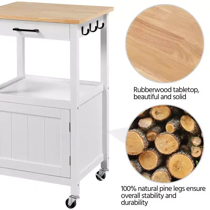 Carrello da Cucina su Ruote con Ripiano Aperto e Mobiletto Chiuso