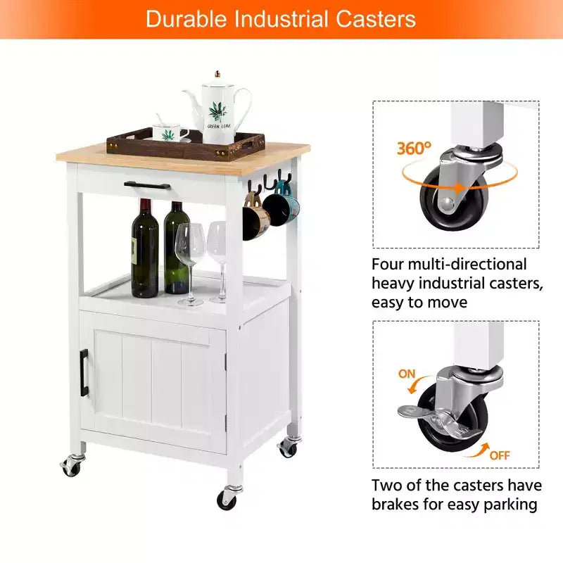 Carrello da Cucina su Ruote con Ripiano Aperto e Mobiletto Chiuso