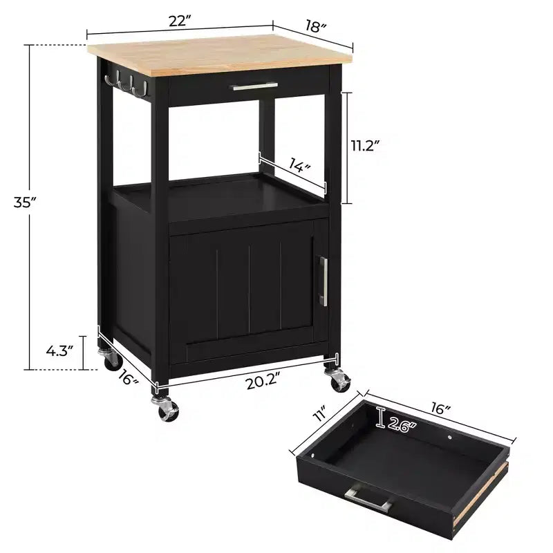 Carrello da Cucina su Ruote con Ripiano Aperto e Mobiletto Chiuso