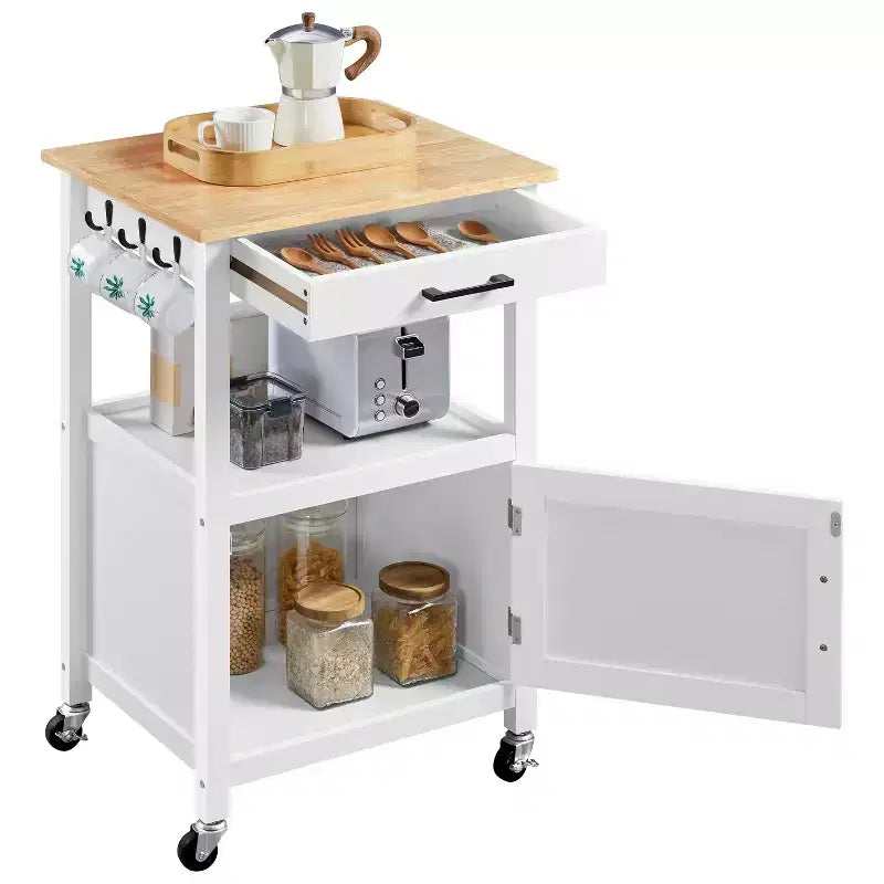 Carrello da Cucina su Ruote con Ripiano Aperto e Mobiletto Chiuso