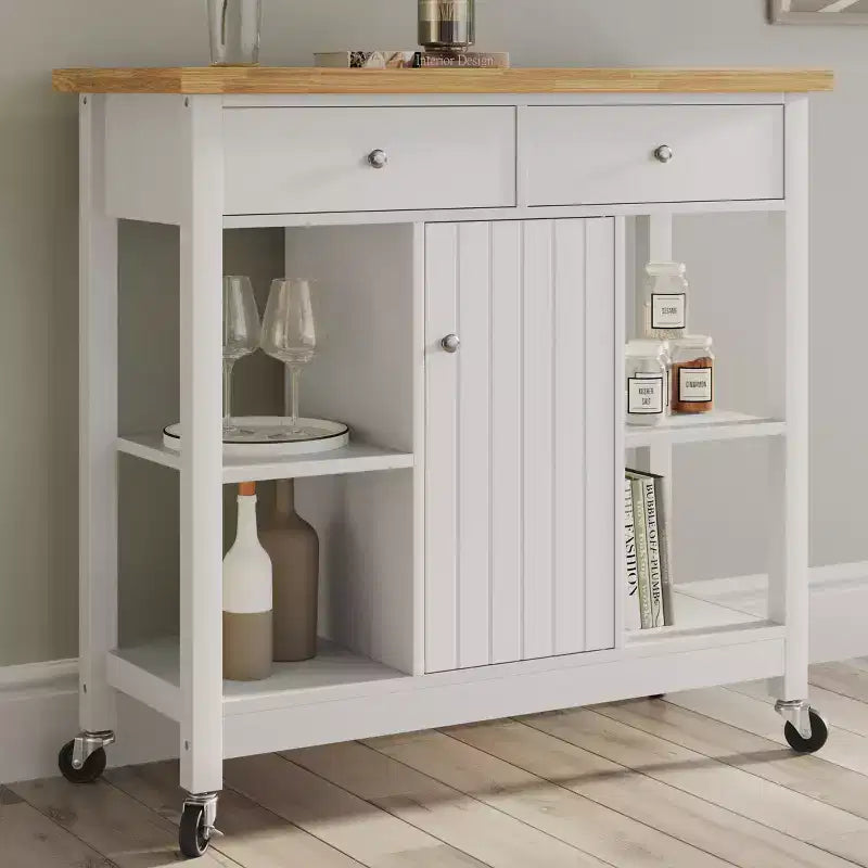 Isola da Cucina con Cassetti, Carrello con Ruote Bloccabili, Utilizzabile come Coffee Bar, Porta Microonde o Scaffali per Riporre Oggetti (Bianco)