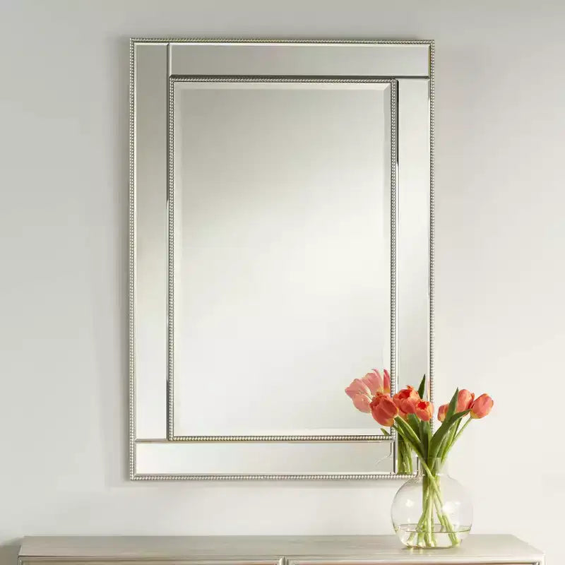 Specchio da parete decorativo rettangolare, moderno, con bordo smussato e cornice color champagne con perline, 68,5 cm di larghezza per bagno, camera da letto, soggiorno e ufficio