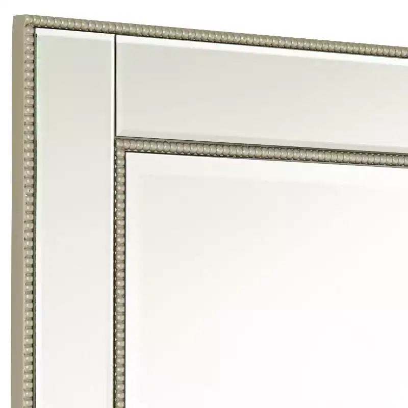 Specchio da parete decorativo rettangolare, moderno, con bordo smussato e cornice color champagne con perline, 68,5 cm di larghezza per bagno, camera da letto, soggiorno e ufficio